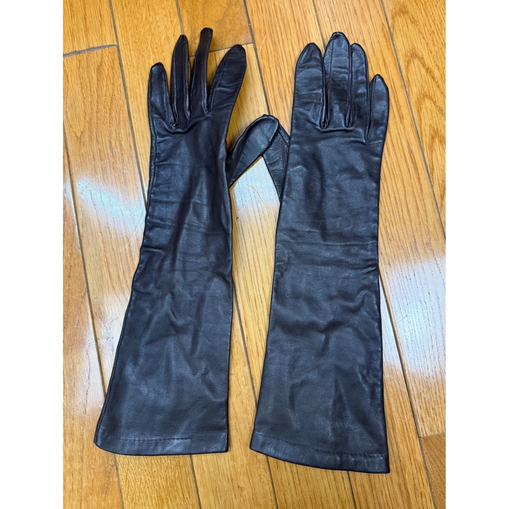 Gloves by Superb Vintage Dark Brown Leather Opera Length Evening Gloves Size 6.5
